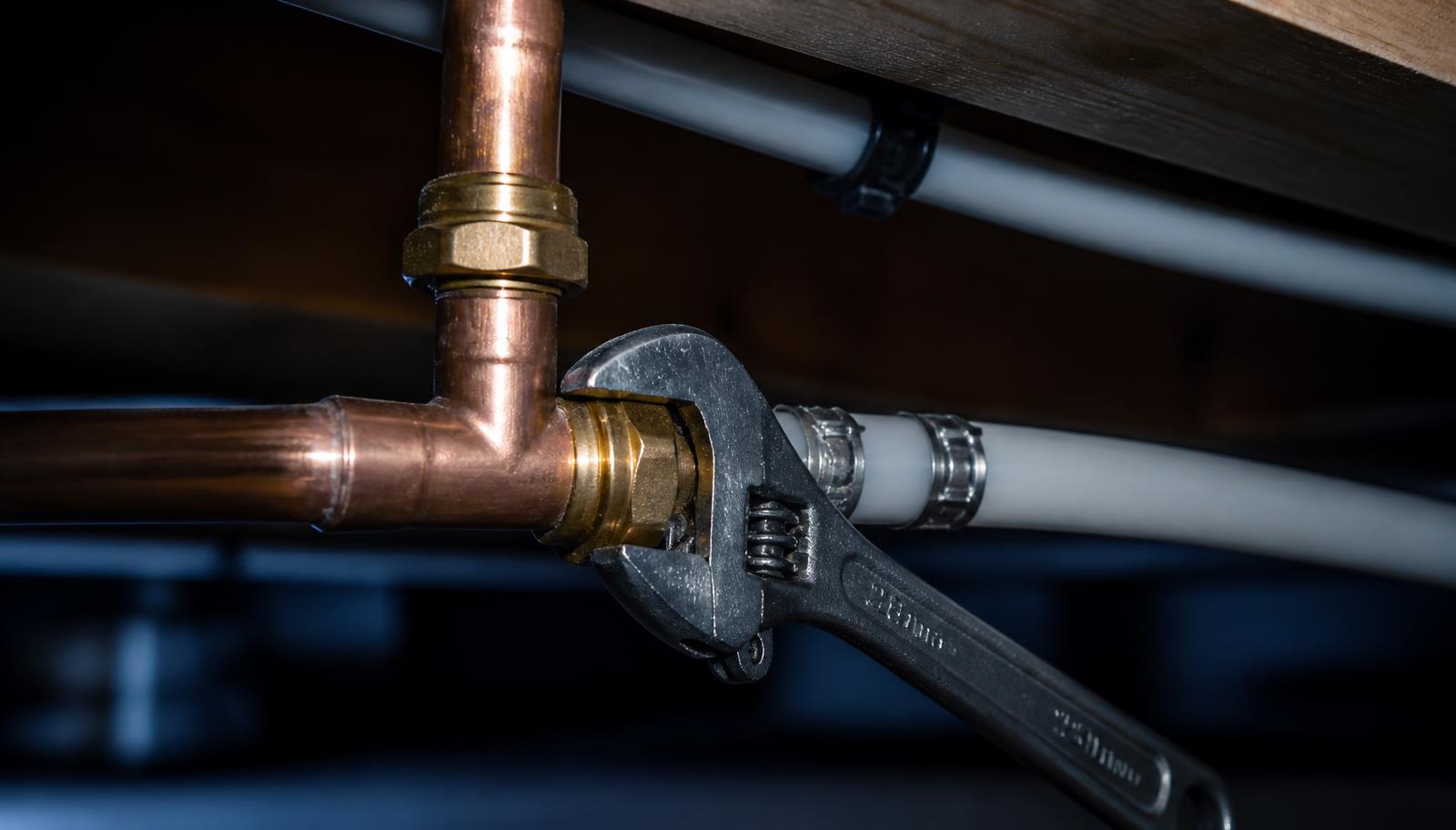 Copper water pipes and a wrench during an emergency plumbing repair