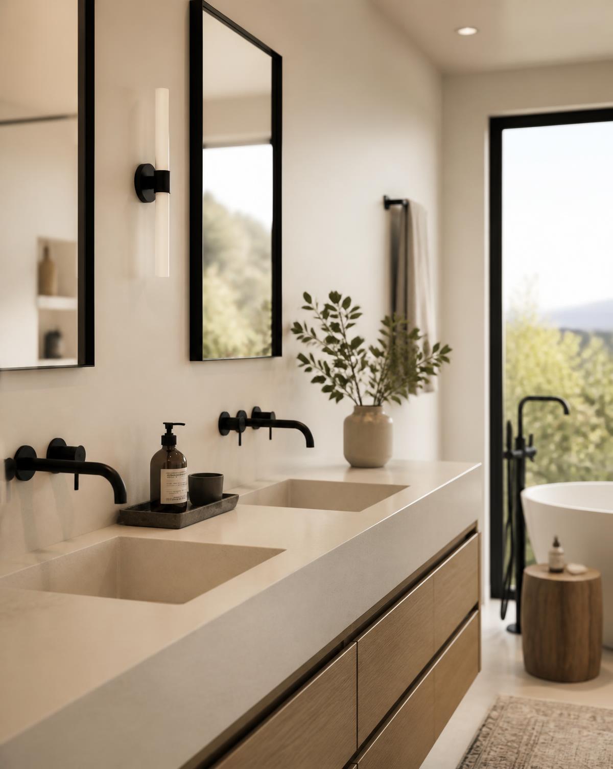 Modern Oakville bathroom with matte black plumbing fixtures and a freestanding tub