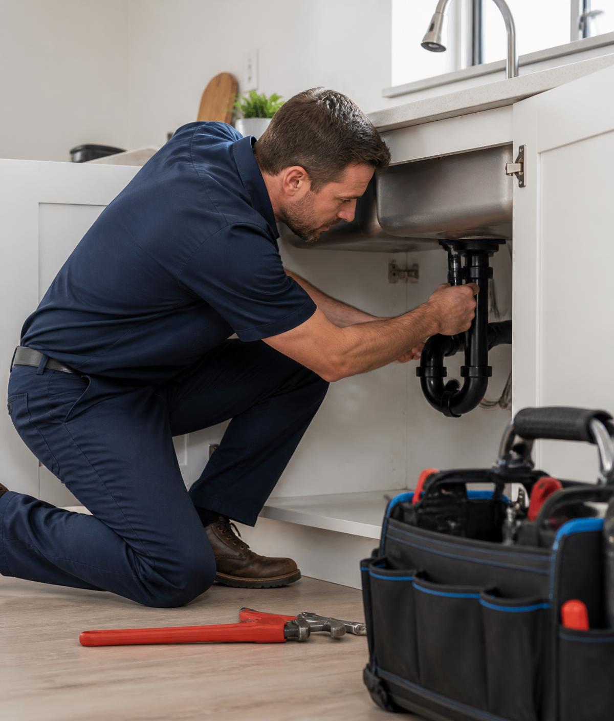 Plumber repairing the drain pipe under a kitchen sink in an Oakville home